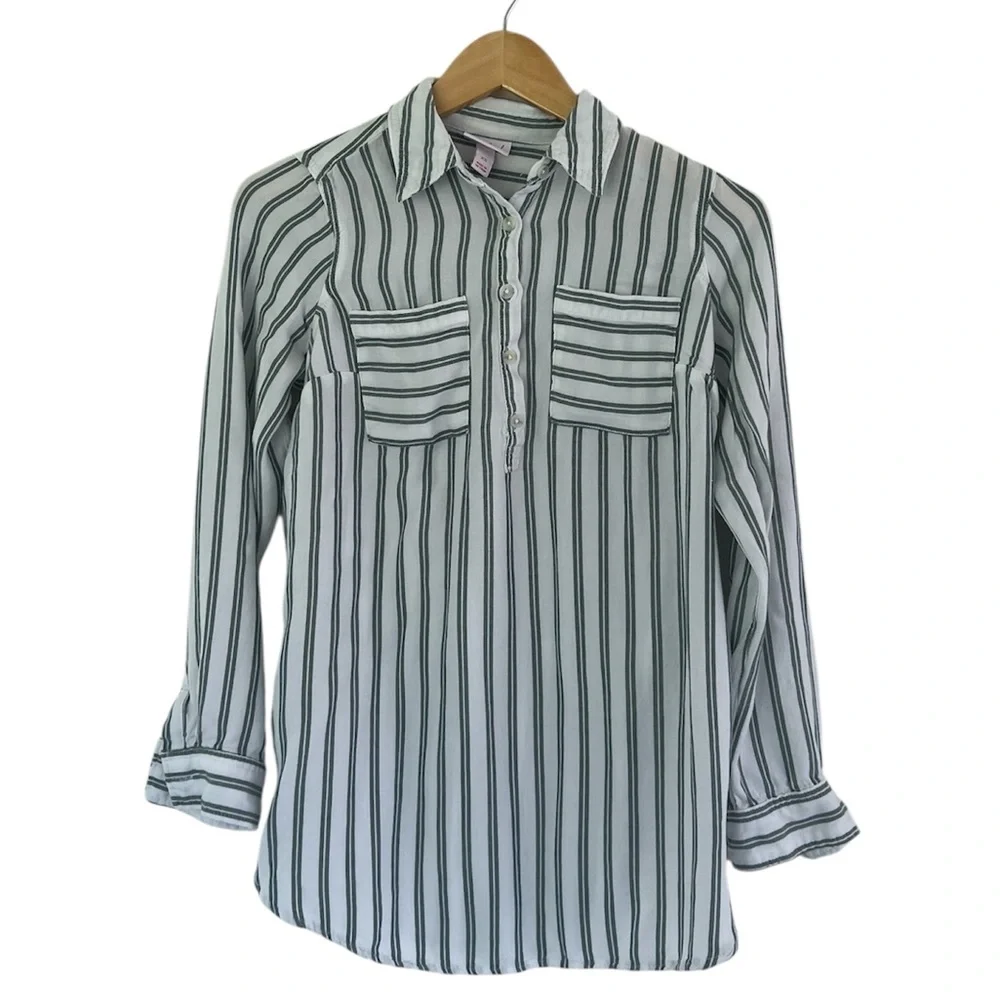 Isabel Maternity by Ingrid & Isabel Green and White Striped Tie Shirt Sz xs